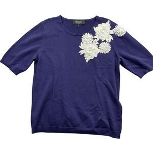 Paule Ka Paris XL Blue White Floral Flowers Short Sleeve Sweater Rayon Blend